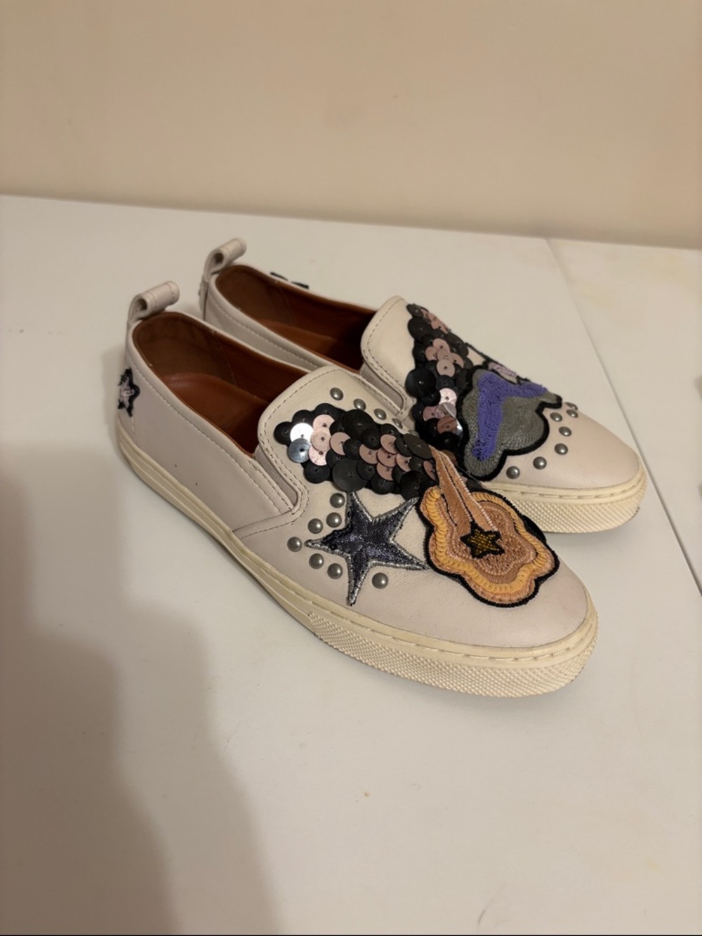 Coach Cream Slip-On Sneakers with Multicolor Sequin Guitar & Star Patches